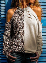 Cargar imagen en el visor de la galería, Animal Print Patchwork Cold Shoulder Long Sleeves Casual Knit Blouses

