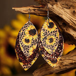 Cargar imagen en el visor de la galería, 3 Layered Sunflower and Leopard/stripe Leather Earrings
